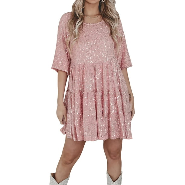 Sequin Shirt Dress for Women Short Sleeve Babydoll Sequin Dress Concert Party Clubwear Sparkly