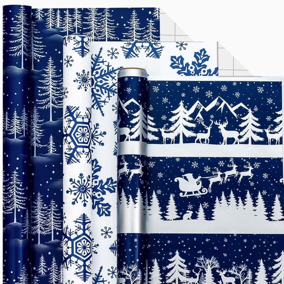 HOMERAL Christmas Wrapping Paper Roll Set- 17 X 120 in Per Roll(42.5 sq.ft.ttl.) Navy Blue Christmas Tree, Snowflake