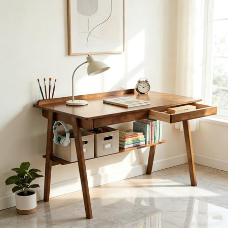 Writing desk with 2 drawers, storage shelves, and side hooks, mid-century modern style home office desk, suitable for small spaces, study, and bedroom use (walnut)