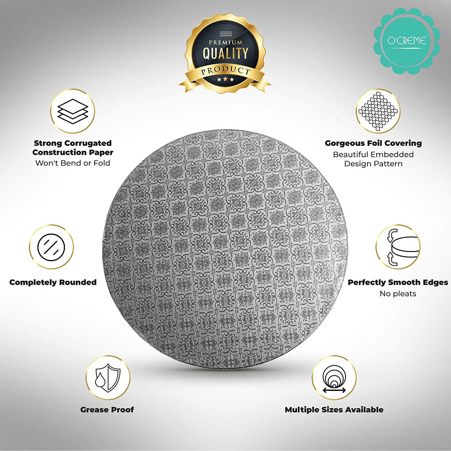 OCreme Cake Board, Silver Foil Round Cake Circles with Gorgeous Design, Sturdy & Durable 1/2 Thick Cake Drums, Round Cake Boards with 9 Diameter, Pack of 5 Disposable Cake Drums - image 4 of 6
