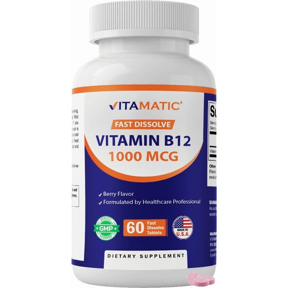 Vitamatic Vitamin B12 1000 mcg Fast Dissolve – 60 Tablets – Natural Berry Flavor – Supports Energy Metabolism & Nervous System Health