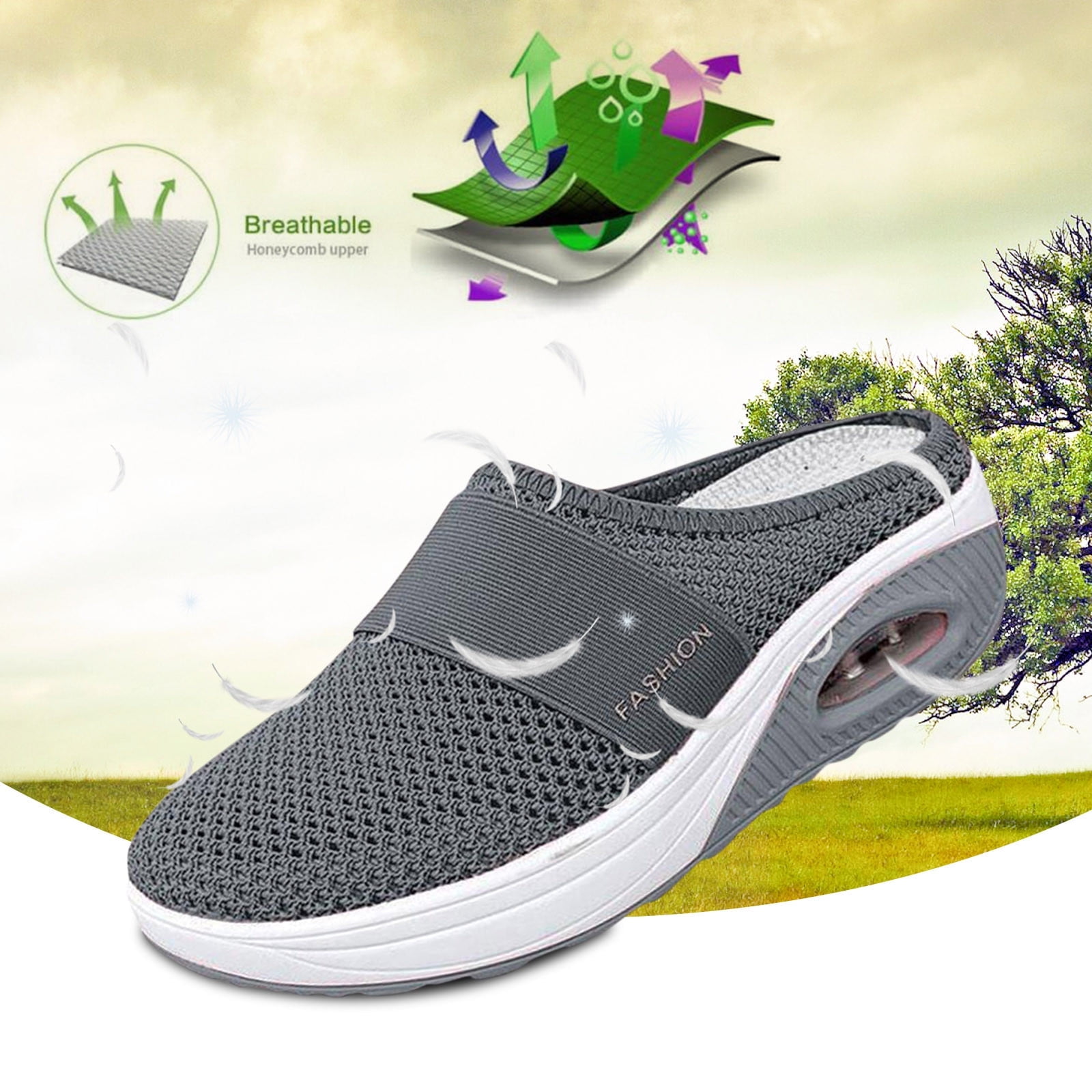 iOPQO Women's casual shoes Air Cushion Slip-On Orthopedic Diabetic Walking Shoes With Arch Support Knit Casual Comfort Outdoor Walking Casual Shoes Mesh Toe Half Dark Gray 39