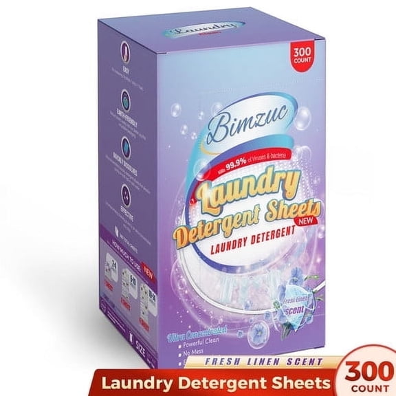 BIMZUC 300 Laundry Detergent Sheets up to 600 Loads, Fresh Linen Scent, Great for Travel