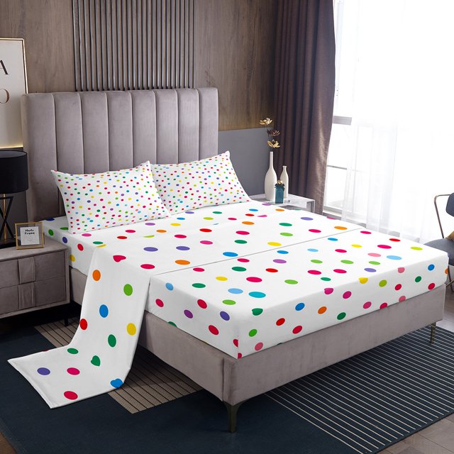 Colorful Dots Twin Bed Sheets Set,Polka Dot Printed Sheet Sets for Kids Boys Rainbow Geometry Sheets,Soft And Microfiber Modern Pattern Bed Set Hand-Painted Flat Sheet
