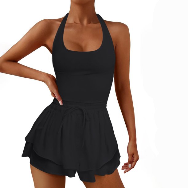 ICHUANYI Clearance Womens Workout Romper Outfits Sleeveless Running Onesie Open Back Exercise Waisted Yoga Jumpsuits(Black, XL) ICHUANYI WER2023080802652