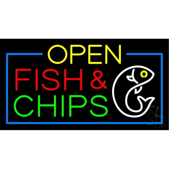 Open Fish & Chips LED Neon Sign 20 x 37 - inches, Black Square Cut Acrylic Backing, with Dimmer - Bright and Premium built indoor LED Neon Sign for restaurant window and interior decor.