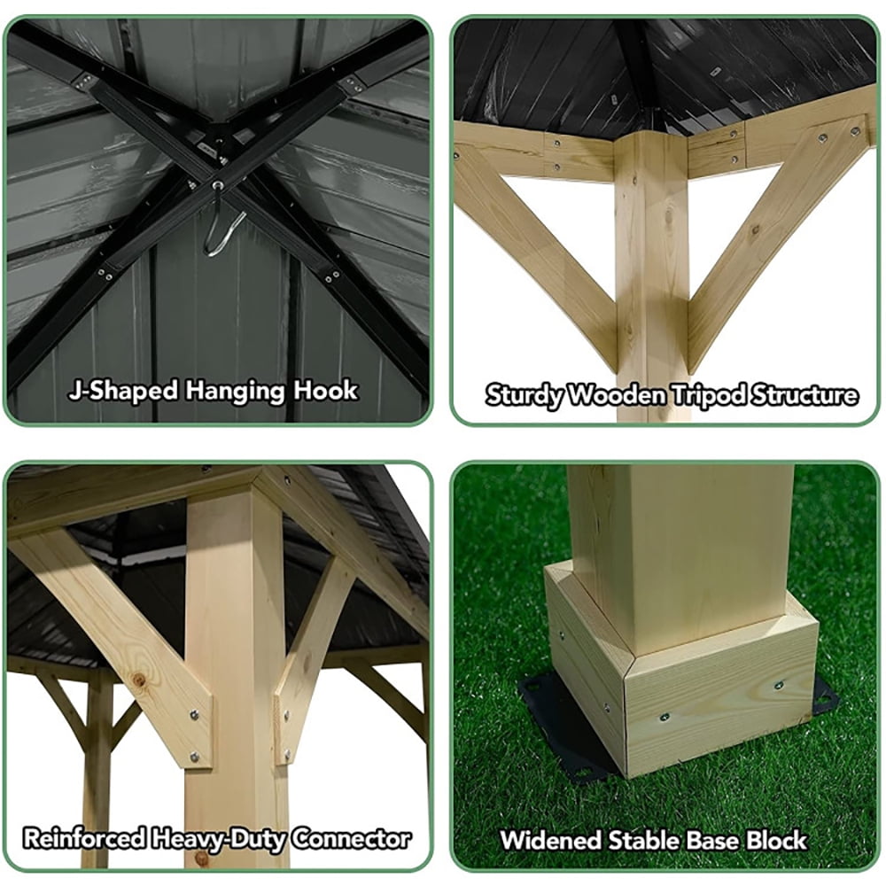 Aimee Lii 10 x 10 Feet Patio Pine Wood Hardtop Gazebo with Double Steel Roof for Outdoor, Backyard Canopy Gazebo, Gray