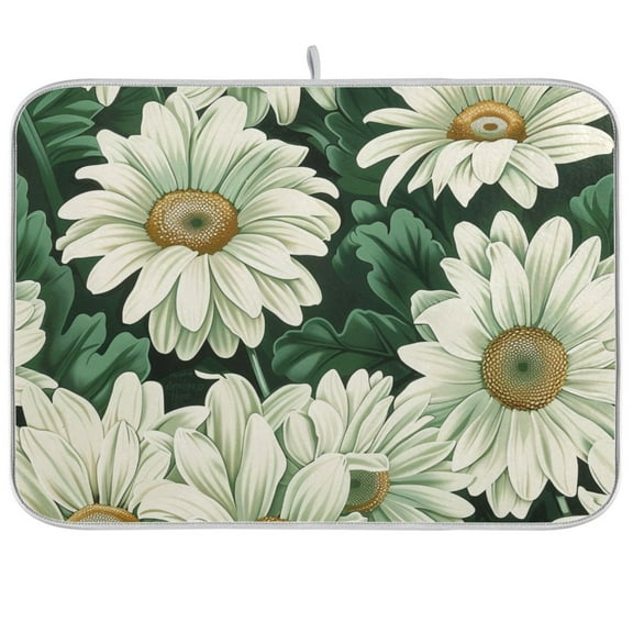 Daisy White Green Dish Drying Mats Kitchen Mat Microfiber Counter Absorbent Dish Pad Drainer Rack 16"x18"