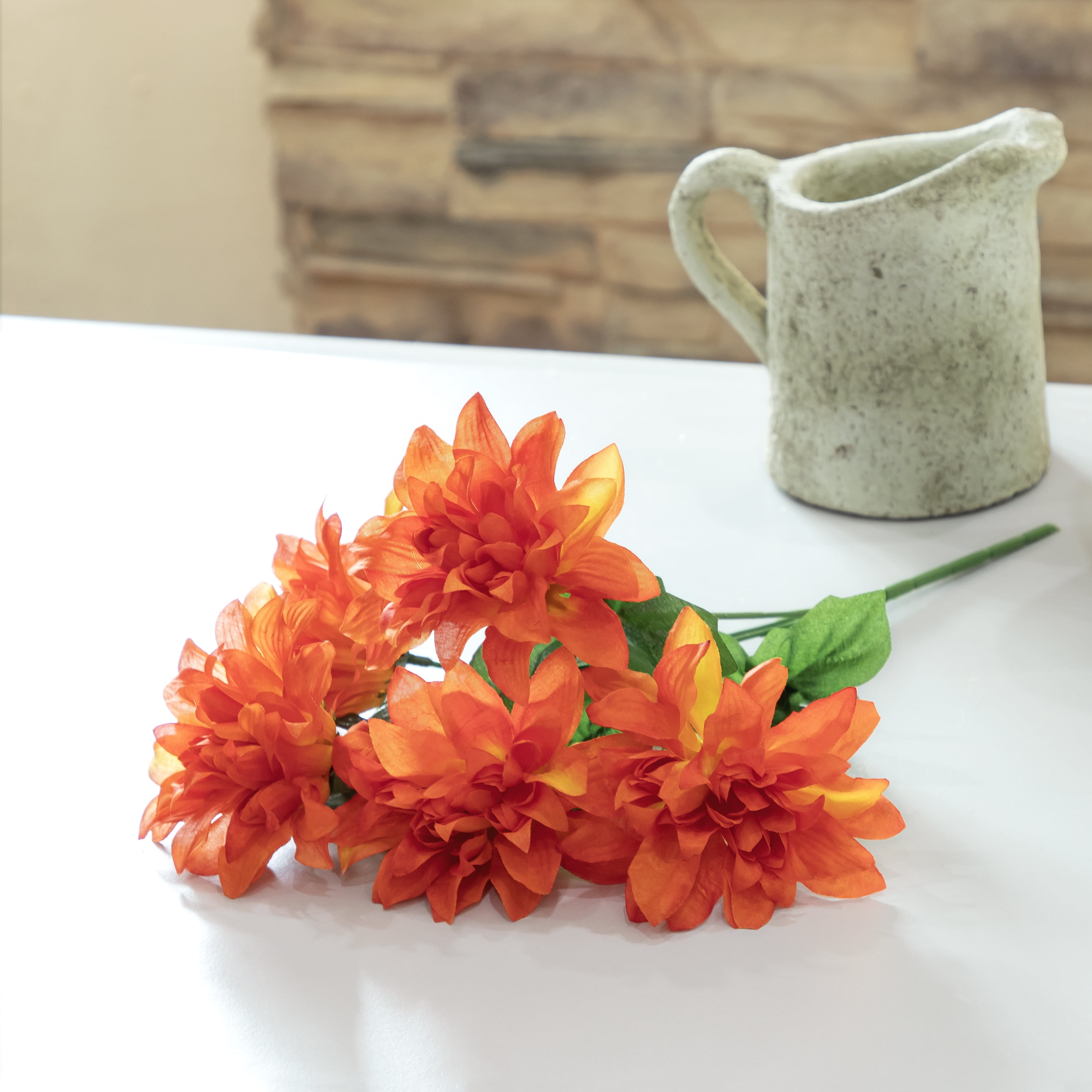 (4 pack) 13-inch Artificial Silk Orange Dahlia Flower Pick, 5 flower heads, for Indoor Use, by Mainstays