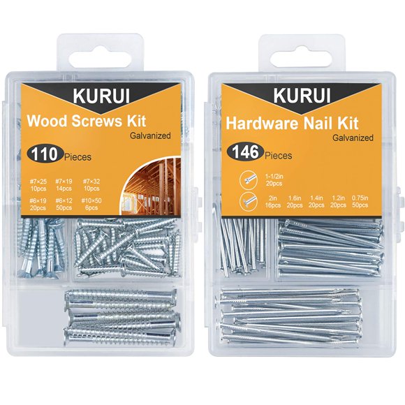 Kurui Kit Surtido De Clavos Para Colgar Y Tornillos Para Madera, 256 Piezas, 110 Tornillos De Cabeza Plana Philips, 146 Clavos Para Colgar Cuadros, 6 Tamaños, Surtido De Tornillos Pequeños Con Caja Or