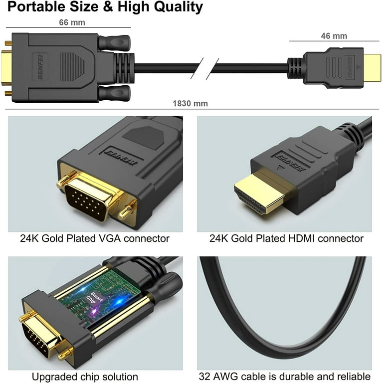 Benfei Câble HDMI vers VGA plaqué or de 1,8 m (mâle vers mâle