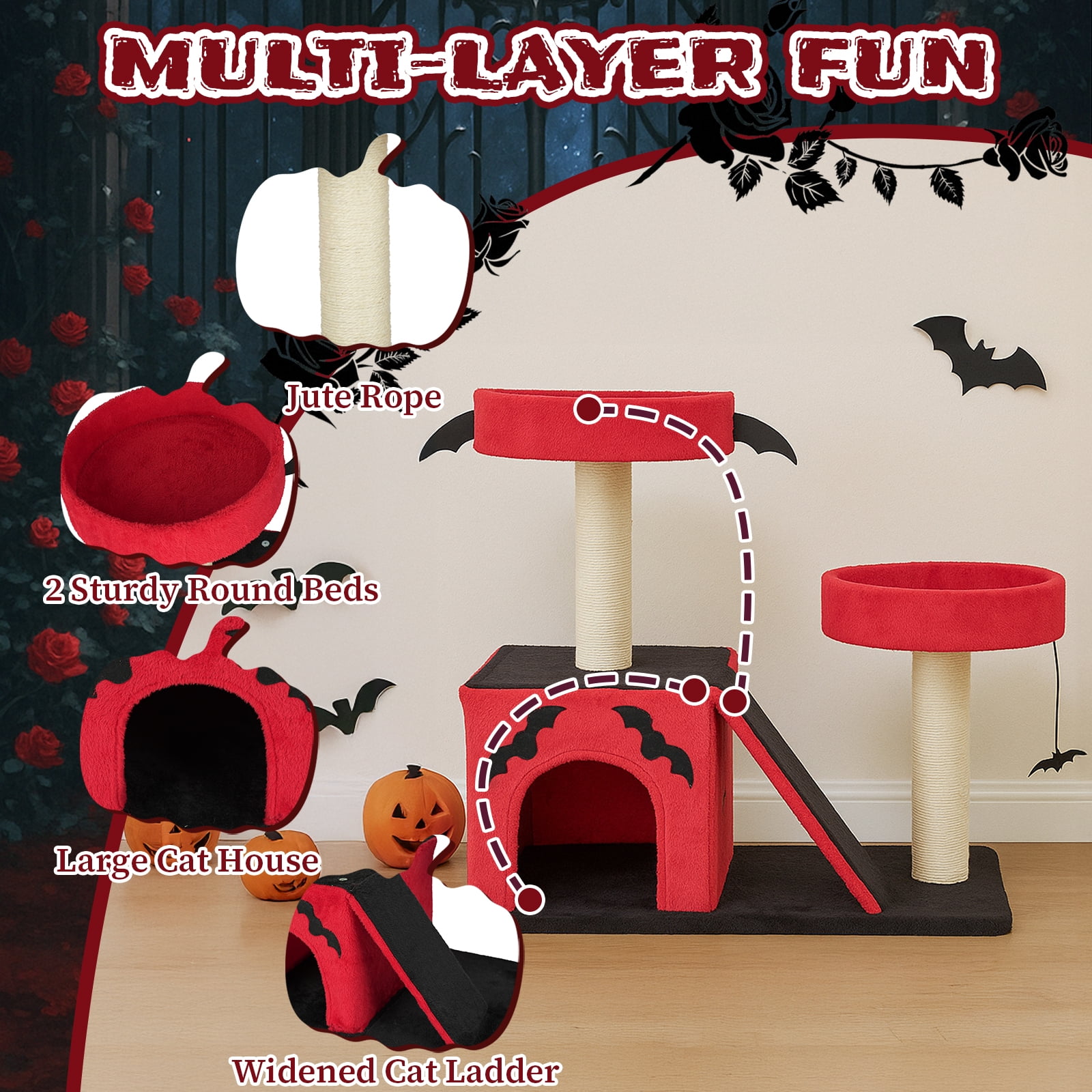 ZephyPaws Gothic Cat Tree 30 Inches Small Cat Tree for Large Cats, 2 Padded Perches, Spider Toy, Scratching Posts, Scratching Ladder for Large Cats, Red & Black