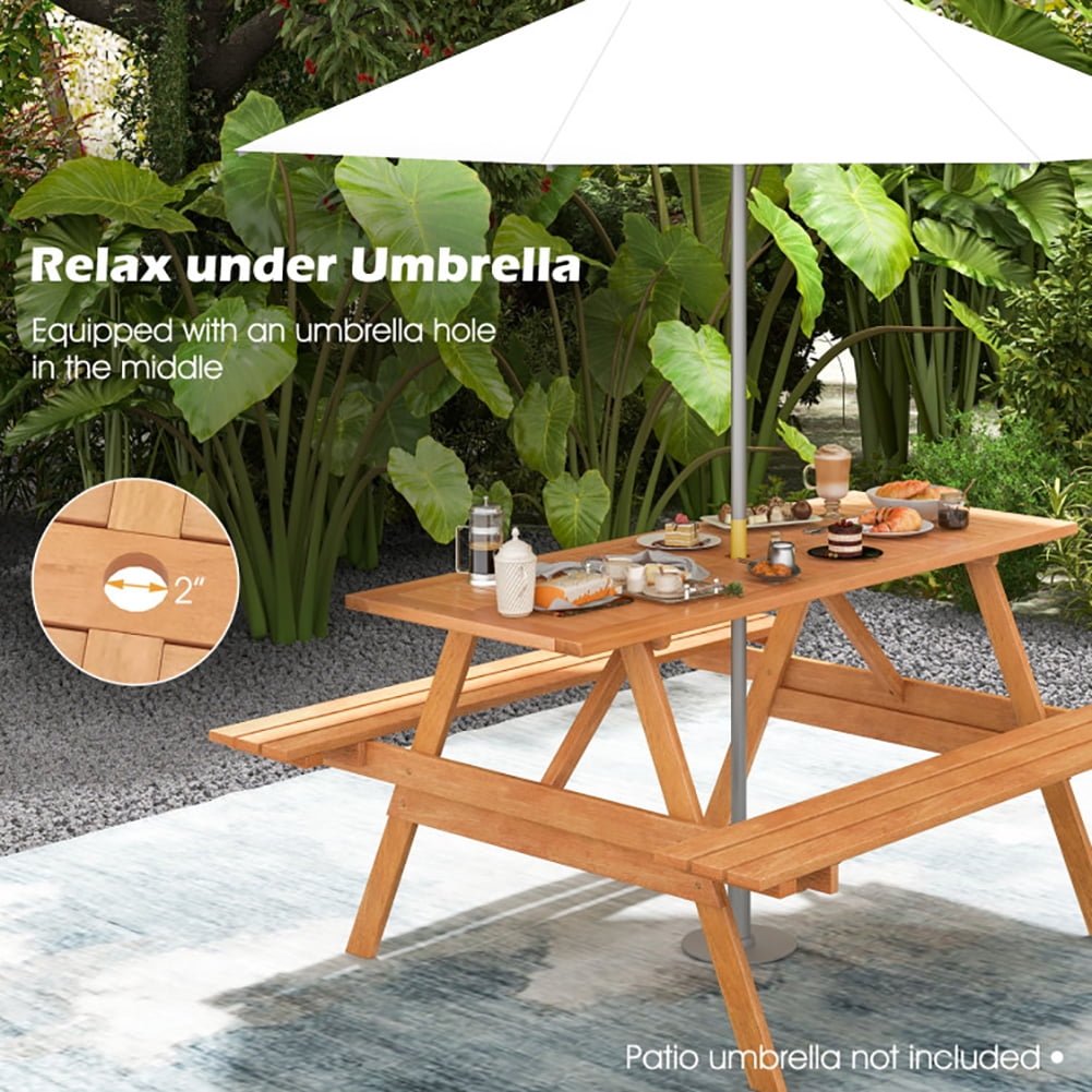 Aimee Lii 6 Person Picnic Table Set Patio Rectangle with 2 Built-in Benches and Umbrella Hole, Patio Park Yard Outdoor Furniture Aimee Lii 6 Person Picnic Table Set Patio Rectangle with 2 Built-in Benches and Umbrella Hole, Patio Park Yard Outdoor Furniture