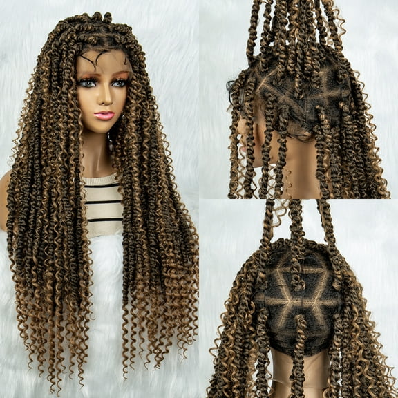 Synthetic Full Lace Braided Wigs Curly Twist Braiding Wig for Women 36 Inches Lace Front Knotless Box Braids Hair Wig with Baby Hair (1B/27 Color)