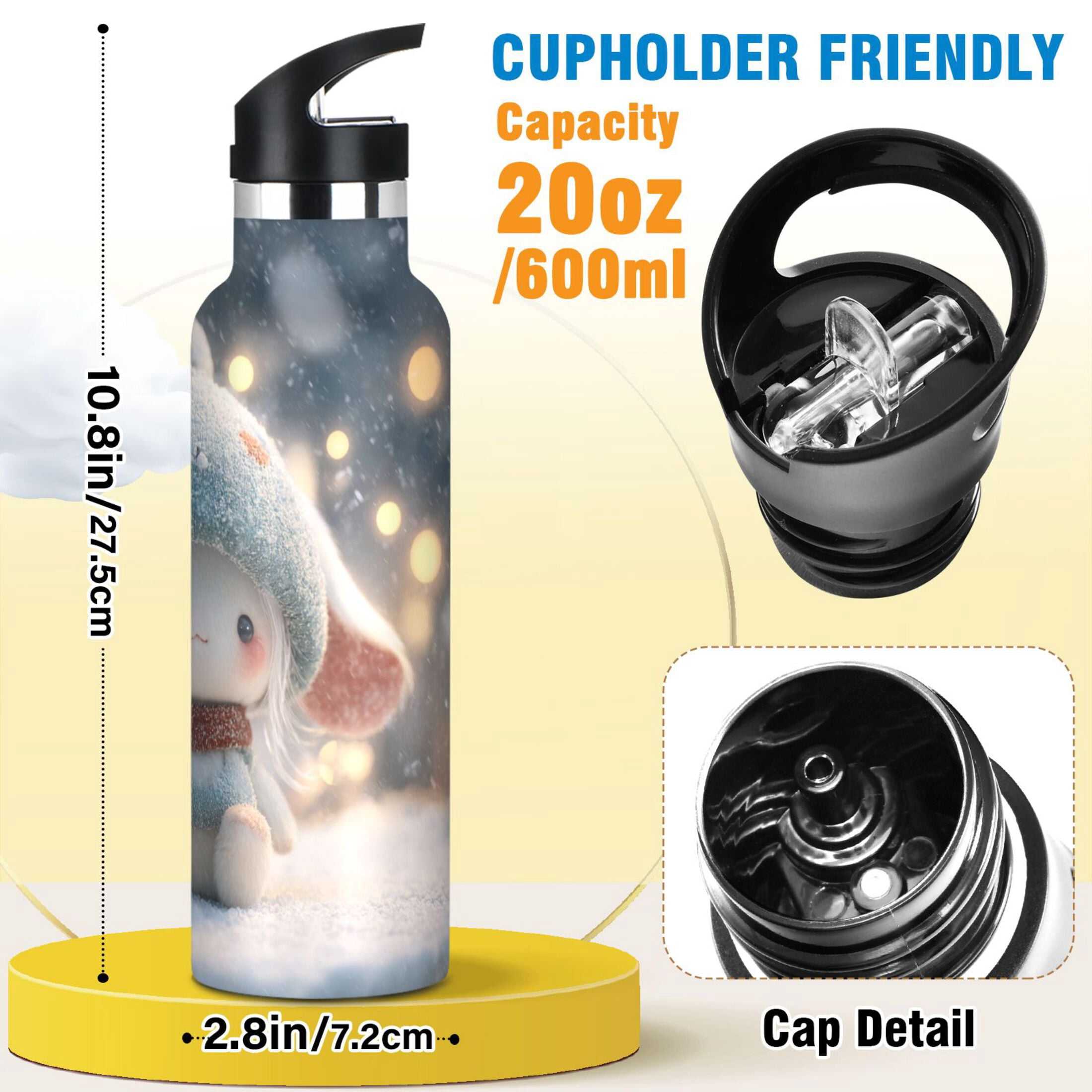 600ML Stainless Steel Insulated Cup Sports Water Bottle Portable Thermos Cup Water Glasses Insulated Tumblers Convenient and Durable Christmas Sprite