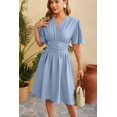 thumbnail image 4 of EASYBRAUS Women V Neck A Line Midi Dress Bell Sleeve Pleated Waist Spring Summer Dress, 4 of 5