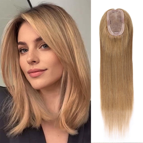 Honey Blonde Human Hair Toppers for Women 16Inch Straight Clip In Remy Hair Extensions Mono Base Topper Hairpiece for Thin Hair