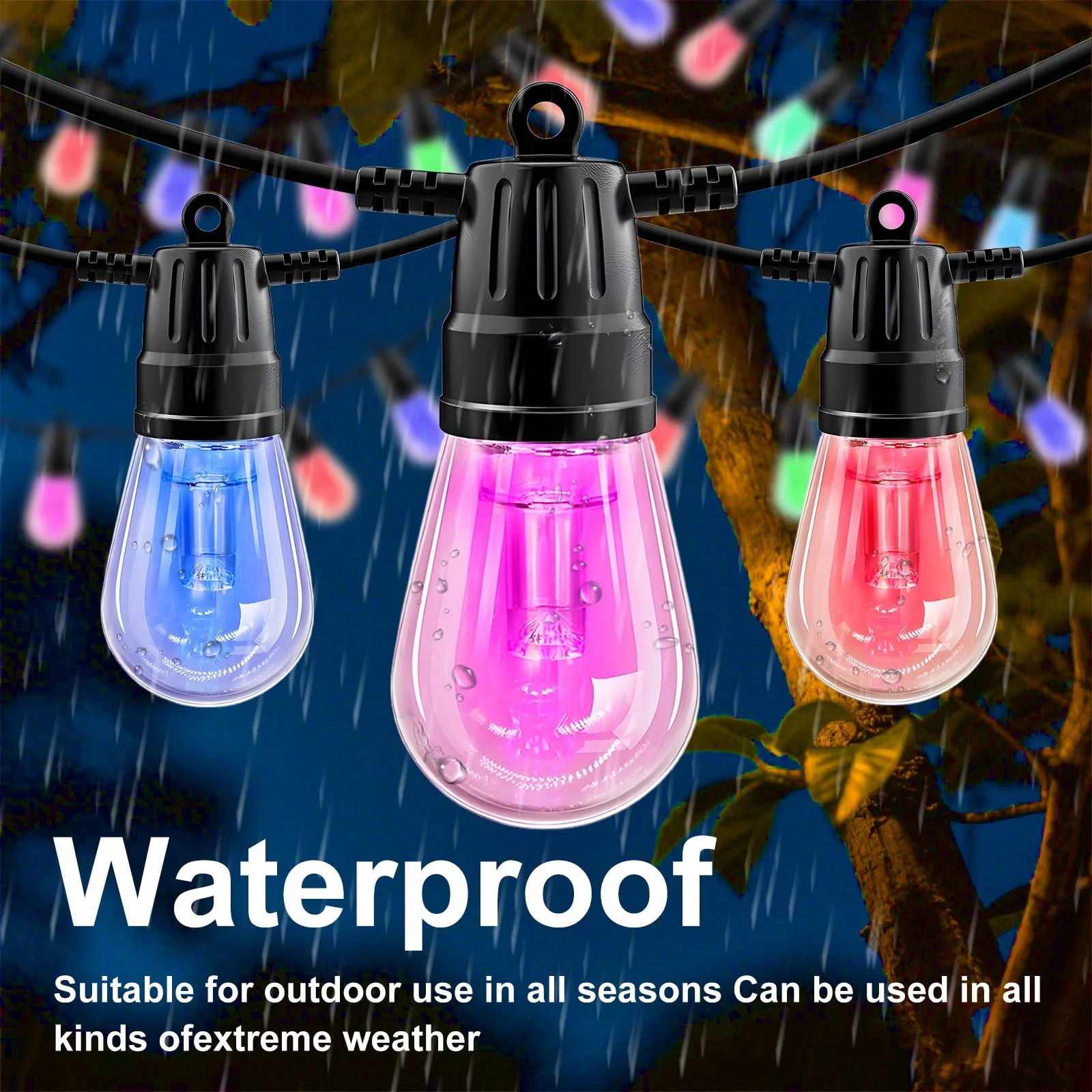 GLUAAE 50ft Outdoor String Lights with APP & Remote Control - RGB Waterproof LED Patio Lights, 20 Bulbs Hanging Lights for Garden, Backyard, Christmas, Party Decor