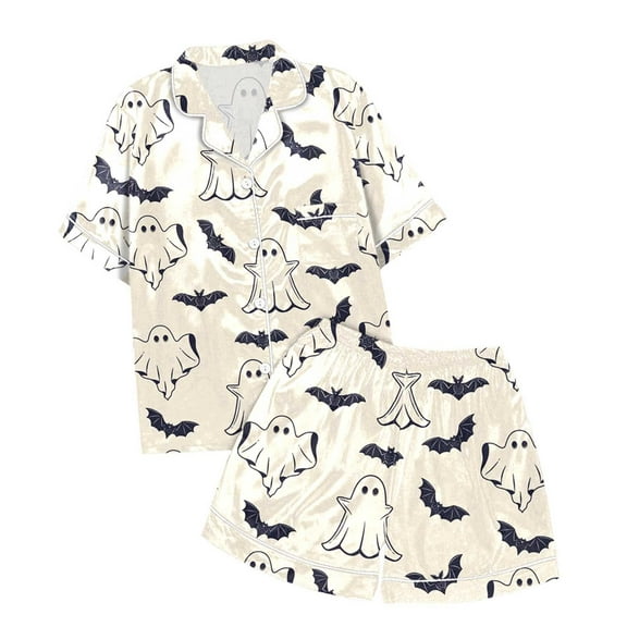 Halloween Pajamas Women 2 Piece Pjs Set Silk Satin Ghost Pumpkin Graphic Short Sleeve Button Top Shorts Halloween Pjs Women Beige L