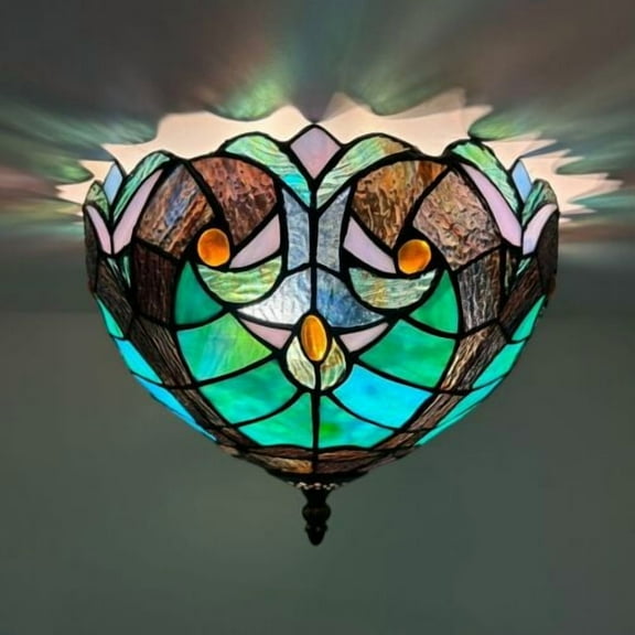 Tiffany Ceiling Lights Fixture Brown Green Stained Glass LED Bulbs Included 12”W*12”D*8”H