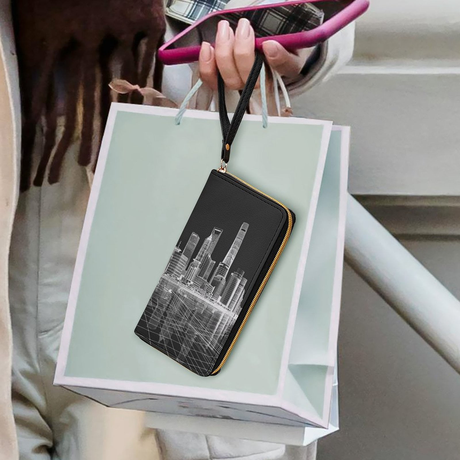 Womens Wallet Bifold Ladies Cluth Bag Wristlet Wrist Strap Long Purse SHANGHAI Hologram Design