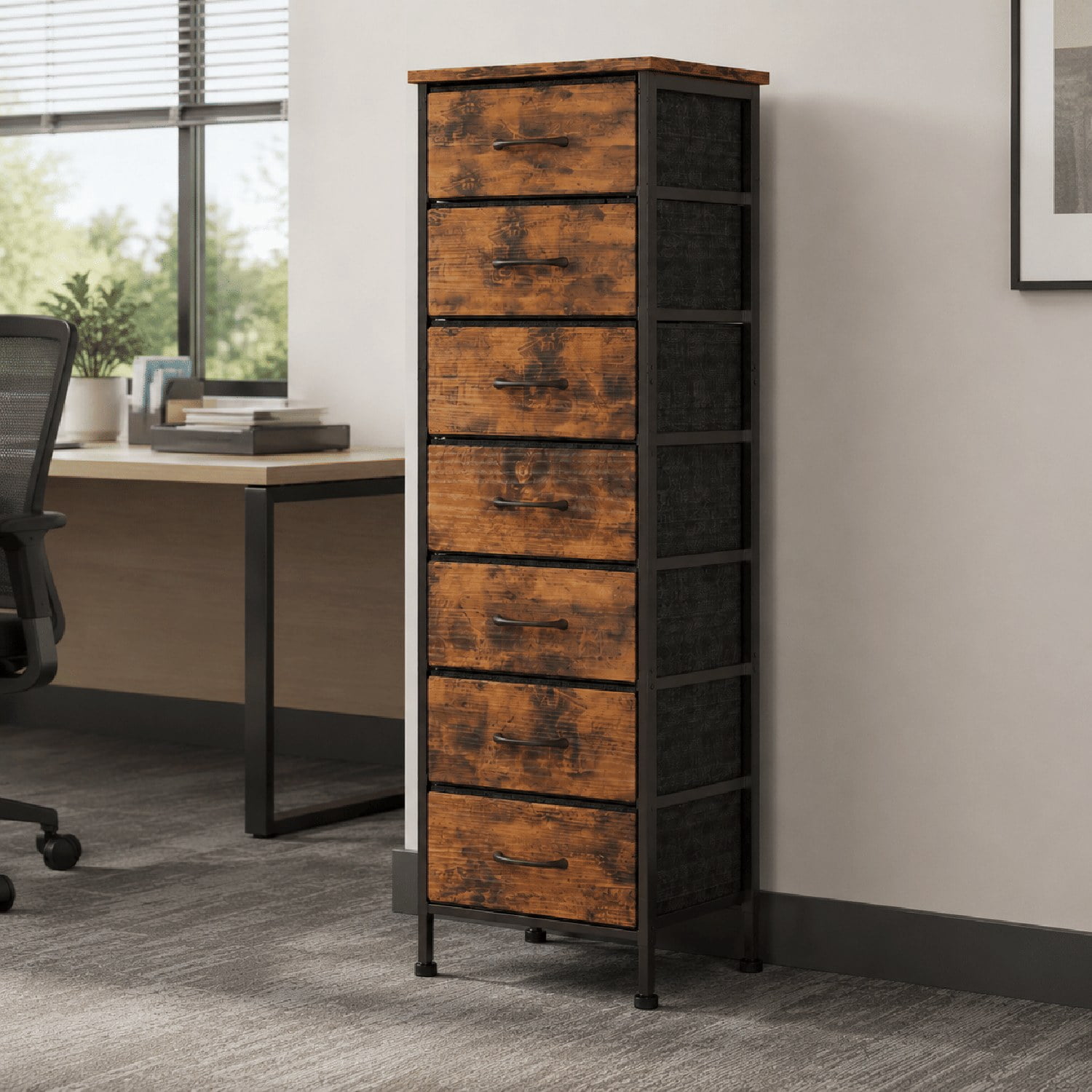 7-Drawer Dresser, Narrow Tall Storage Tower with Wood Top, Steel Frame, Fabric Drawers, Anti-Tip Strap, 47 in High