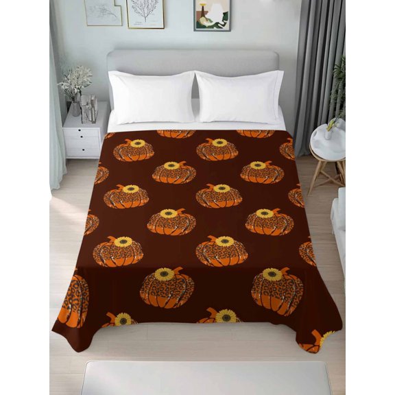 Queen Flat Sheet Only Fall Print Pumpkin Soft Microfiber Cooling Bedding Sheets Orange and Brown Flat Bed Sheet for Hotel,Home Decor