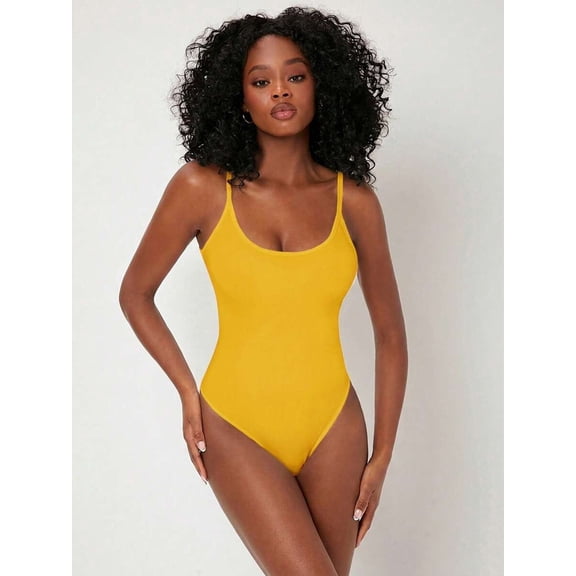 Yellow Solid Scoop Neck Spaghetti Strap Bodysuit For Women