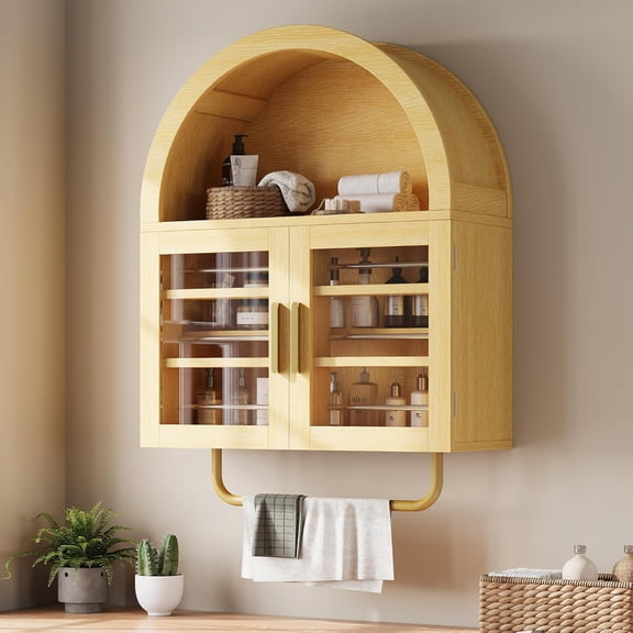 iPormis Bathroom Arched Wall Cabinet with Glass Doors, 26" Wall Mounted Medicine Cabinet with Adjustable Shelf, Over Toilet Storage Cabinet for Bathroom, Laundry Room, Kitchen, Natural