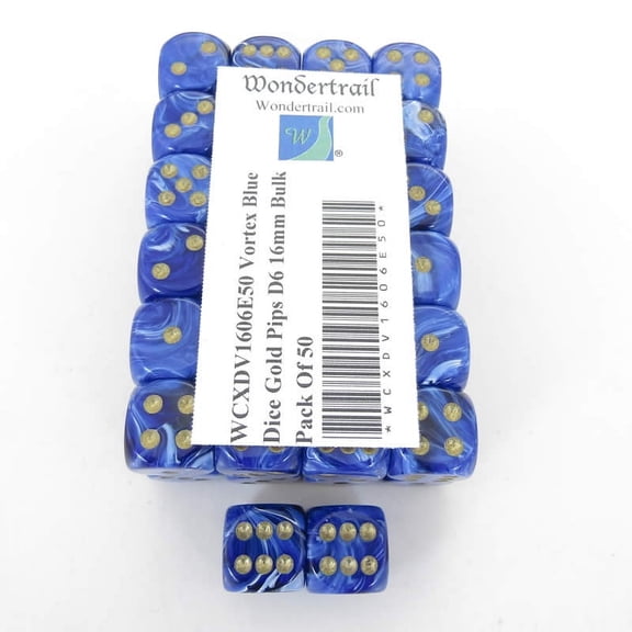 Blue Vortex Dice with Gold Pips D6 16mm (5/8in) Bulk Pack Of 50 Wondertrail