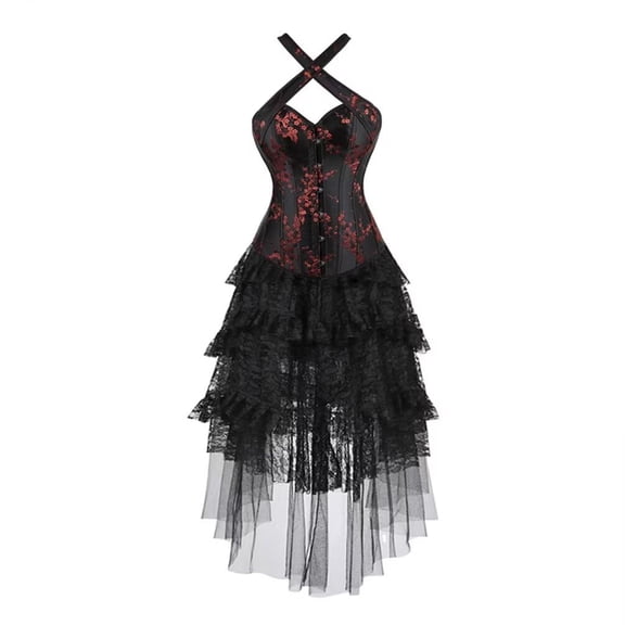 Women Wedding Renaissance Overbust Corset Top with Tulle Skirt Black 2XL