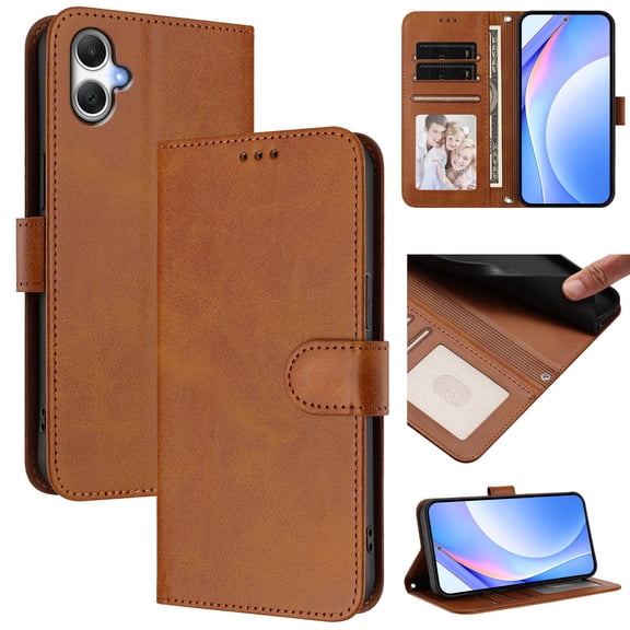 Wallet Case For Samsung Galaxy A07 [RFID Blocking Protection] Premium PU Leather Folio Magnetic Clasp Card Holder/Cash Slot Flip Kickstand Shockproof Phone Cover with Wrist Strap,Brown