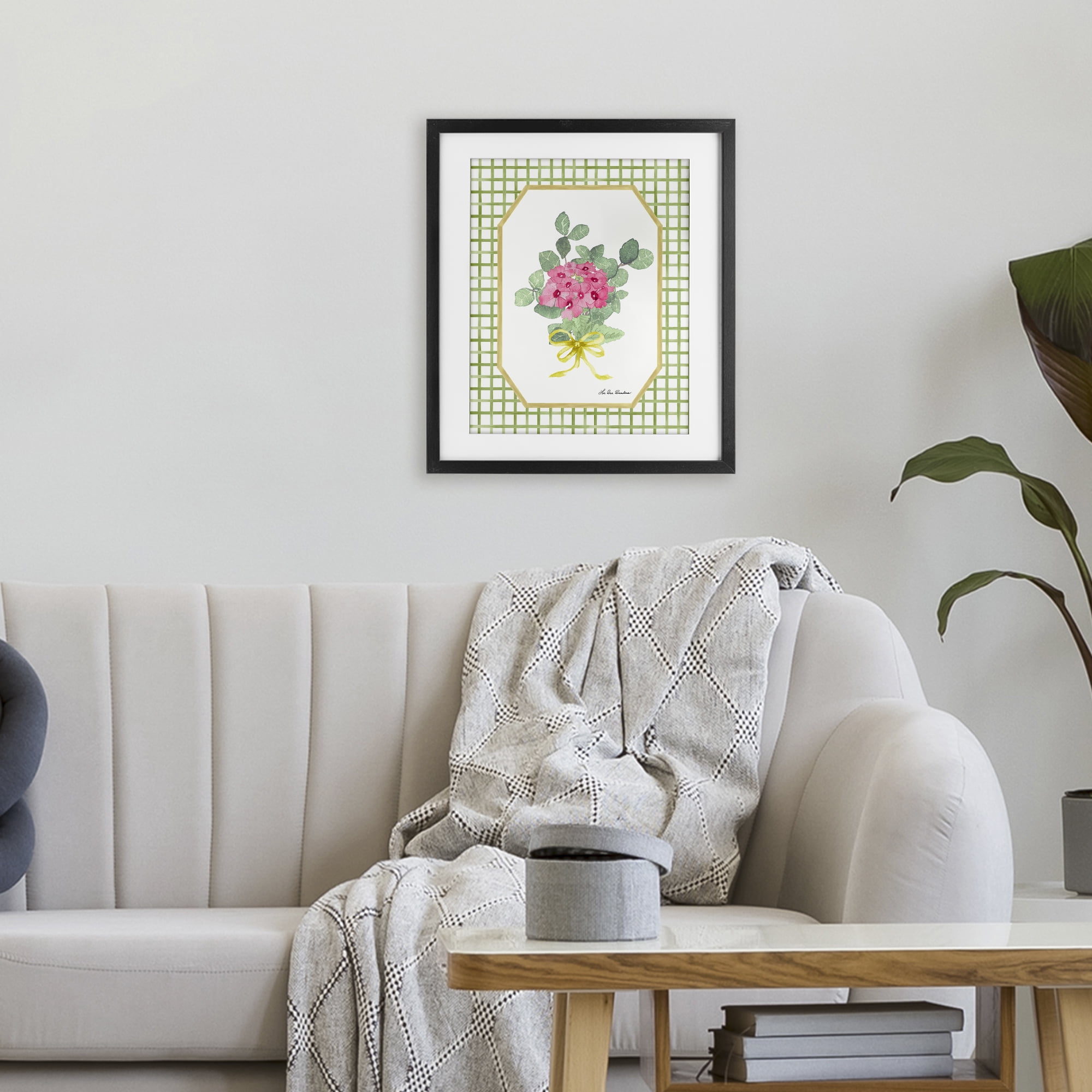 Botanical Story on Grid Pattern Black Framed Print Under Glass, design by Lee Ann Sanders