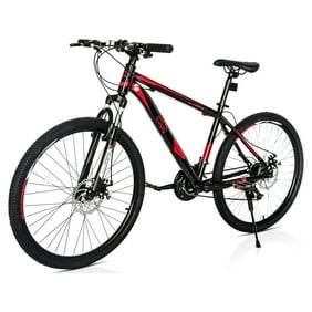 26-Inch Mountain Bike for Adults, 21-Speed Trail Bicycle with Dual Disc Brakes, Front Suspension, High-Carbon Steel Frame &ndash; Red & Black | HUJHKIO Explorer Series