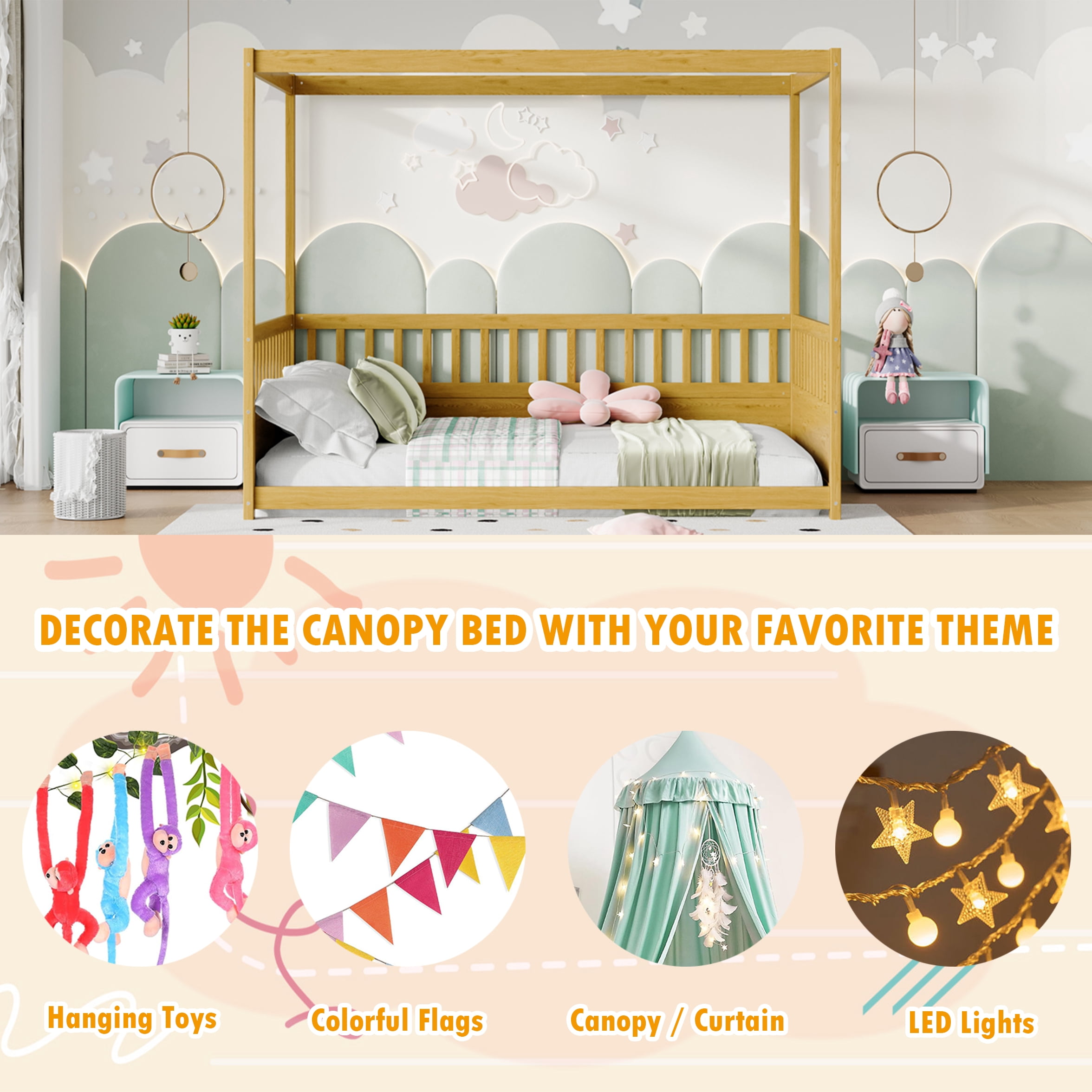 Bellemave Full Size Canopy Bed Frame with High Fence Guardrails Montessori Floor Bed Frame with Four Poster Design Wooden Canopy Bed (Full, Natural)