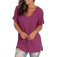 thumbnail image 4 of fatyb Women's V Neck T Shirts Short Sleeve Loose Tops Solid Color Summer Casual Tees with Side Split, 4 of 5