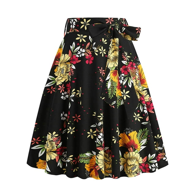 Aayomet Jupe Femme Rétro Décontractée Mode Imprimé Floral Ceinture Bretelles Jupe (Jaune, m)