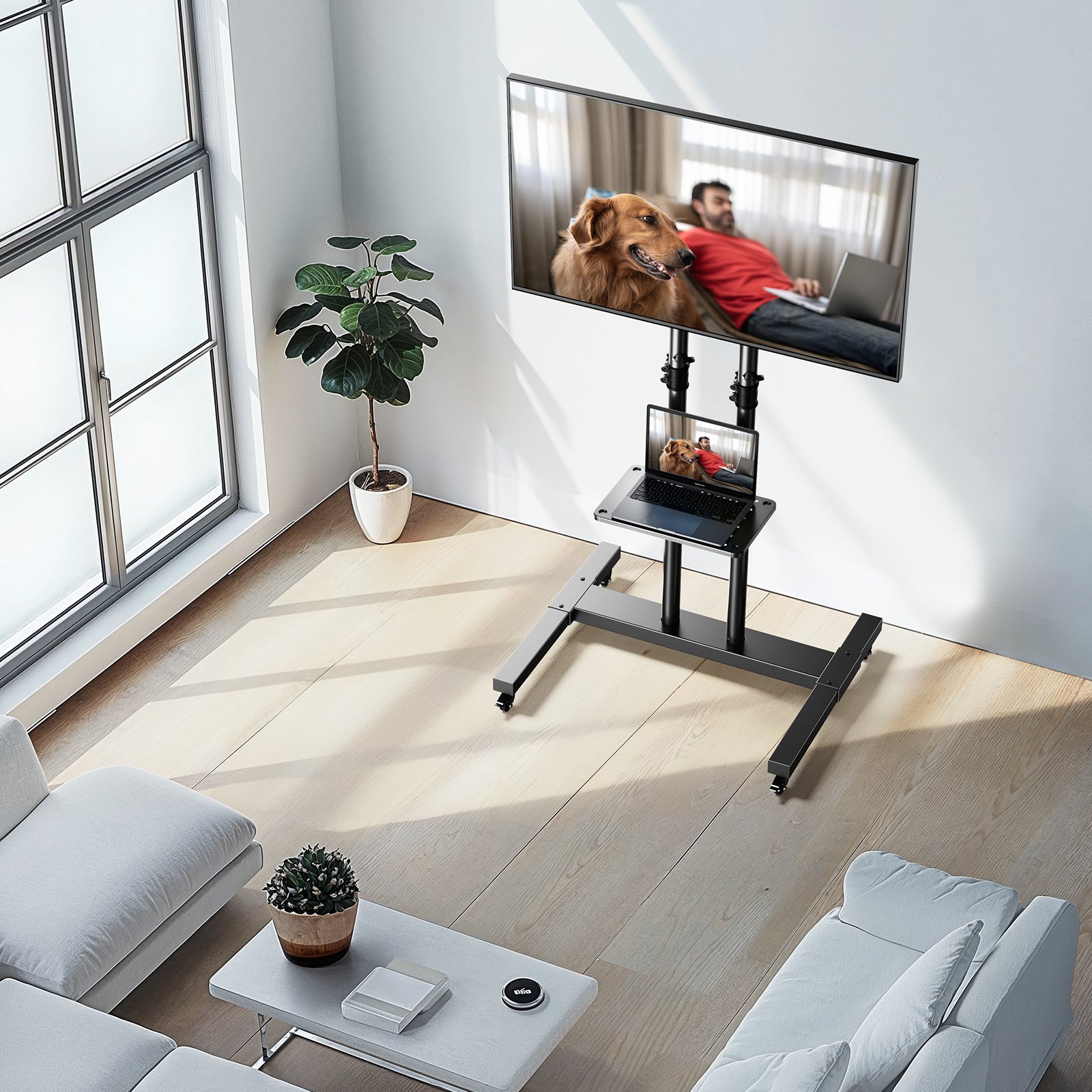 MountFTV Modern Rolling TV Stand with Metal Shelf, 32-82" photo 8