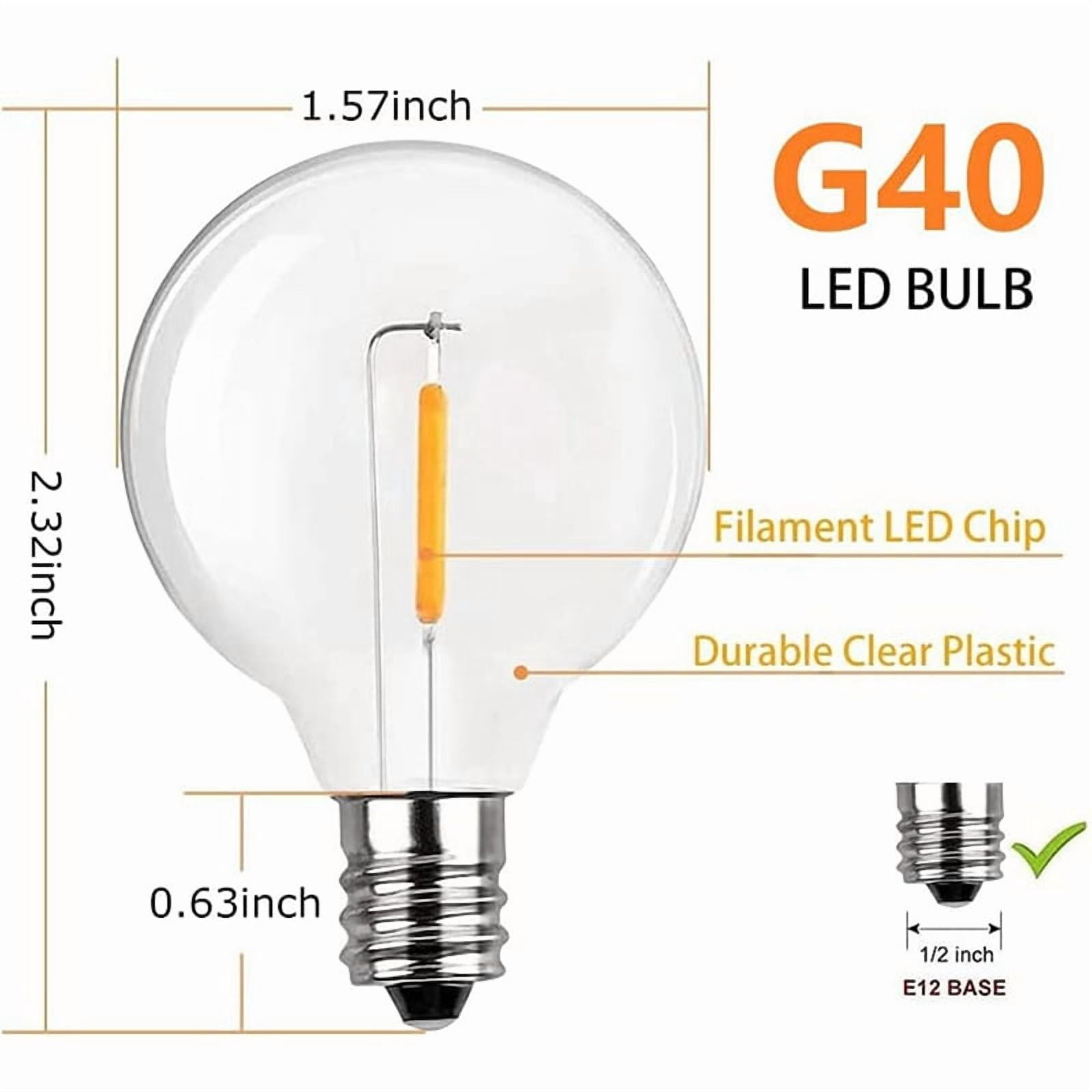 G40 Led Replacement Light Bulbs, E12  Base Shatterproof Globe Bulbs for Outdoor String Lights, Warm White, 60Pack