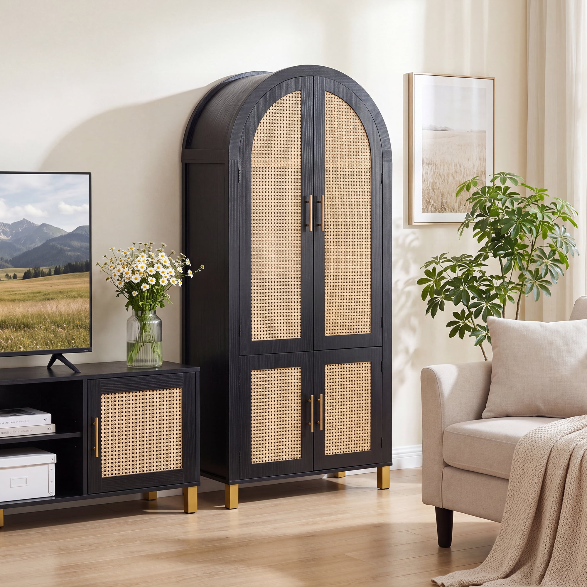 71" Tall Arched Cabinet with Rattan Doors & Adjustable Shelves,4 Doors Modern Farmhouse Storage Cabinet with Built-in Racks for Kitchen, Dining Room, Study, Black
