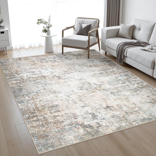 Alfombra de área FXRHLP 152 x 213 cm lavable abstracta marrón y gris