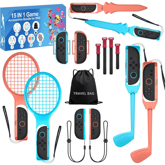 2025 Switch 2 Sports Accessory Bundle - 15-in-1 Family Accessory Kit for Switch Sports Games: Tennis Racket, Sword Grip, Golf Club, Wrist Dance Strap, Leg Strap and More