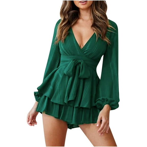 SELONE Jumpsuits for Women Casual Casual Long Sleeve Short Summer Suspender Long Pant Ladies Travel Comfortable Vacation Flowy Rompers Womens Jumpers and Rompers Casual Solid Color Green S