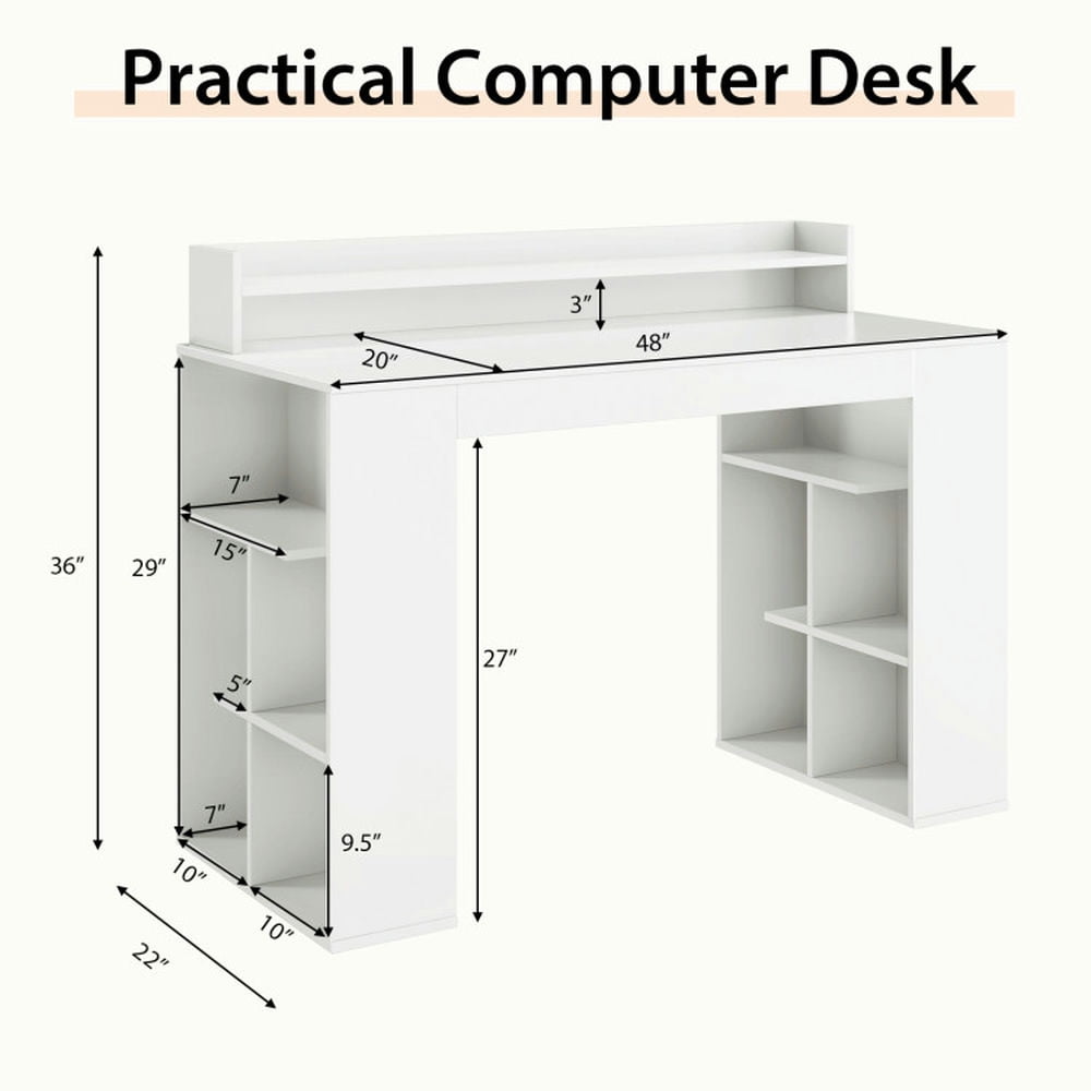 Demi Bonn Office Computer Desk with Dual 3 Tier Bookshelf and Monitor Shelf, Small Home Office Desk Study Writing Table, White