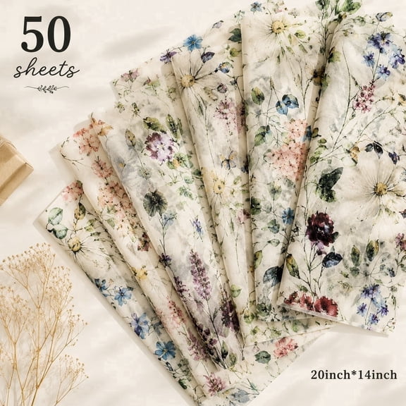50 Pcs Vintage Floral Tissue Paper Sheets, Multicolor Flower Pattern Gift Wrap, Recyclable Tissue Paper for Wedding, Mothers Day, Christmas, Birthday Gift Bags Filler, DIY Craft Bouquet Wrapping