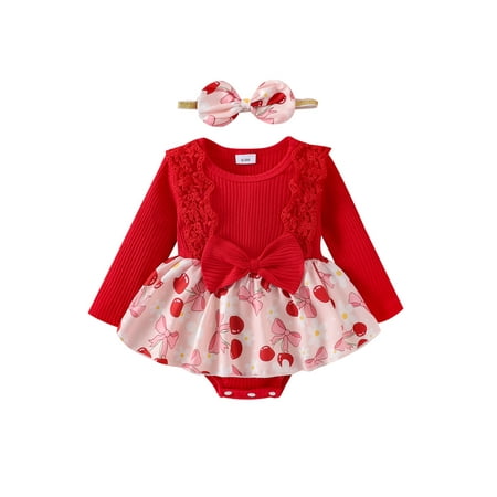 

Jusbysis Baby Girl 2Pcs Cotton Romper Dress Fall Outfits Newborn Long Sleeve Bow Print Skirt Bodysuit + Headband Set 0M 3M 6M 9M 12M 18M Infant Spring Clothes