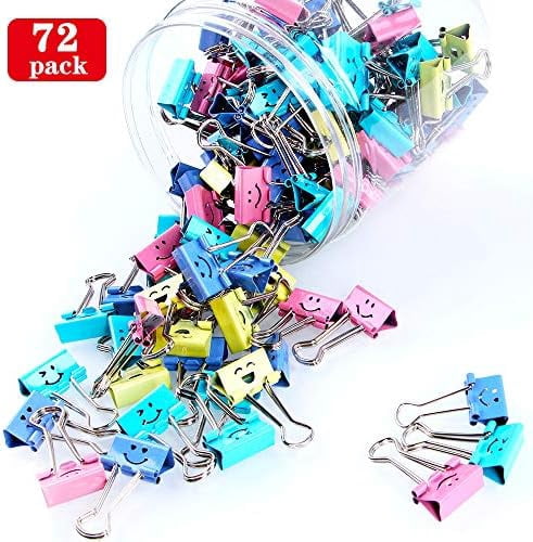 【72pack】 Binder Clips, Quivanta Paper Clips,Paper Clamps with Colored Cute Hollow Smiling Face,72 Pcs Assorted Size Clip, for Office,Teacher Gifts and Kitchen