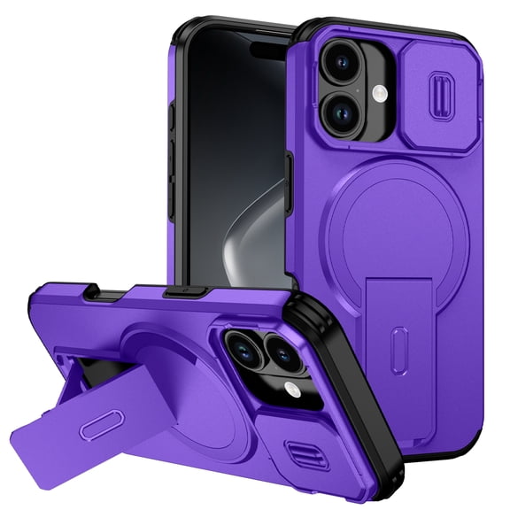 For iPhone 16 Rugged Phone Case,With Invisible Kickstand,Compatible with Mag-Safe,With Camera Lens Cover,Shockproof Anti-Scratch Drop Protection Durable Heavy Duty Phone Case,Purple