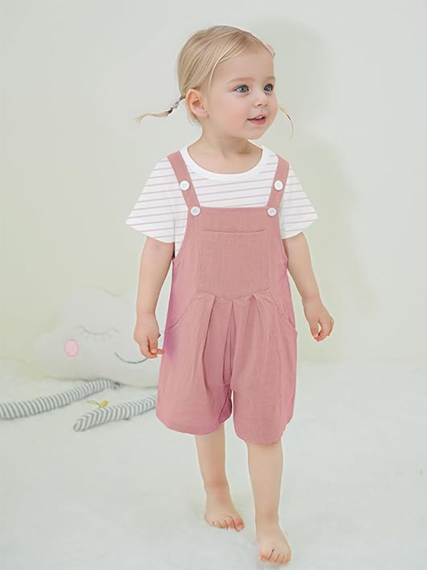 CARETOO Toddler Baby Girl Clothes Stripe Short Sleeve T-Shirt  Suspender Overalls Shorts Set 2Pcs Summer Outfits