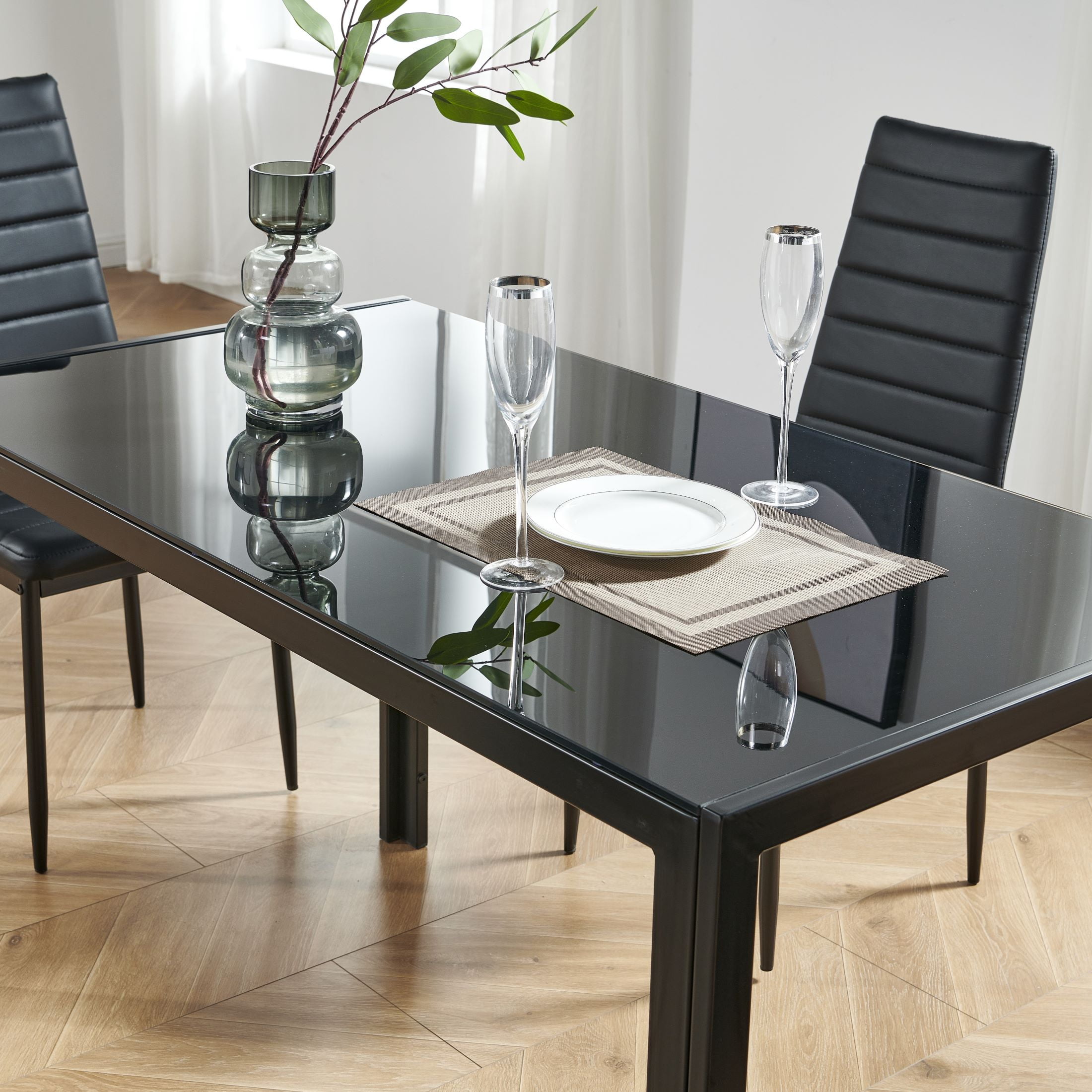 INO Design Rectangular Family Dining Table Black Glass Top Metal Frame Seating for 6 Walmart